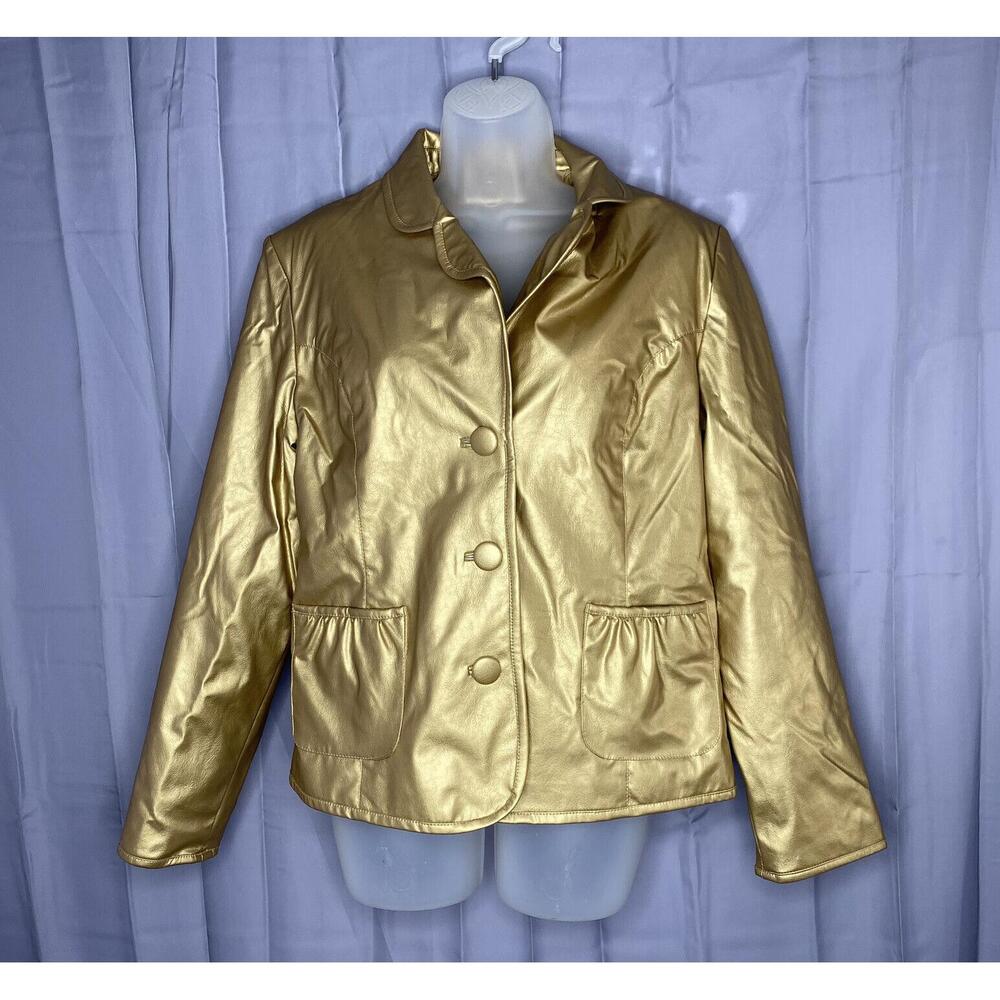 Y2K KC Collections Jacket Womens L Gold Shiny Faux‎ Leather Festival Retro Disco